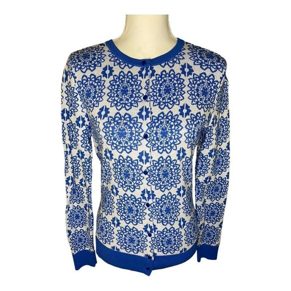 Ann Taylor Factory Women’s XS Blue & White Floral Medallion Button Front Cardiga - Picture 1 of 5